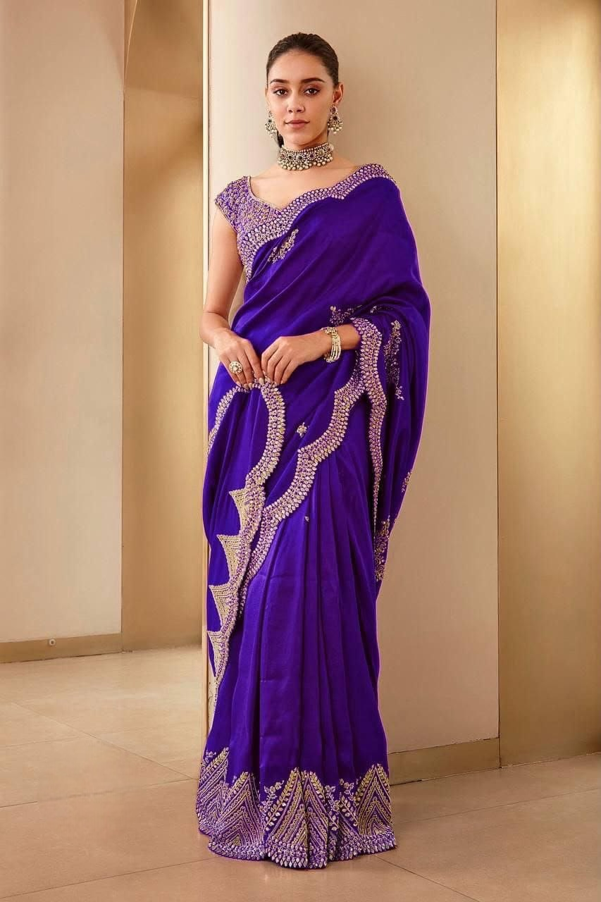 Peacock Teal Blue Designer Embroidery Zari Saree